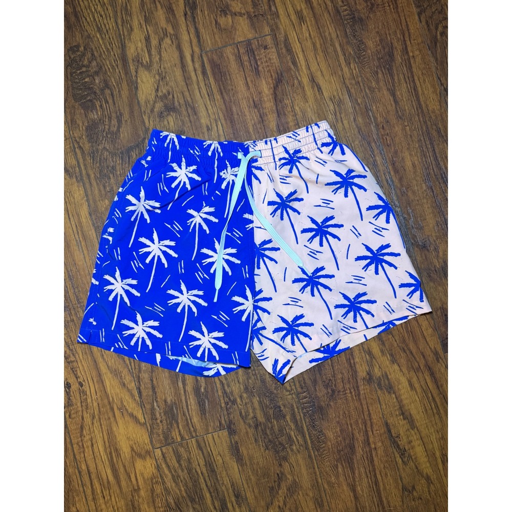 Chubbies Mens Swim Trunks Small 5.5 Inseam Blue Tan Palm Tree Tropical Shorts